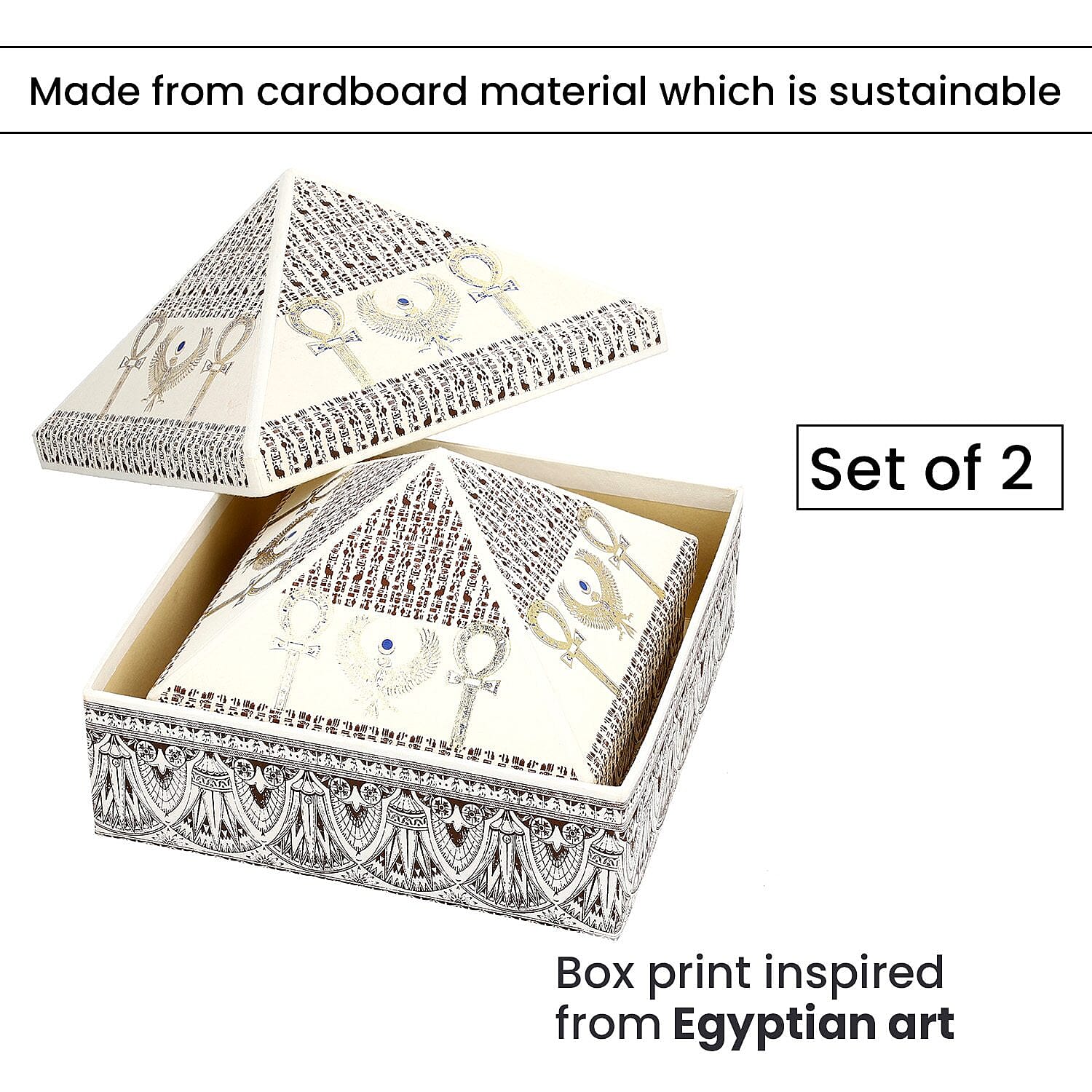 Set of 2 Handmade Paper and Handblock Printed Pyramid Shape Boxes - Egyptian Ankh