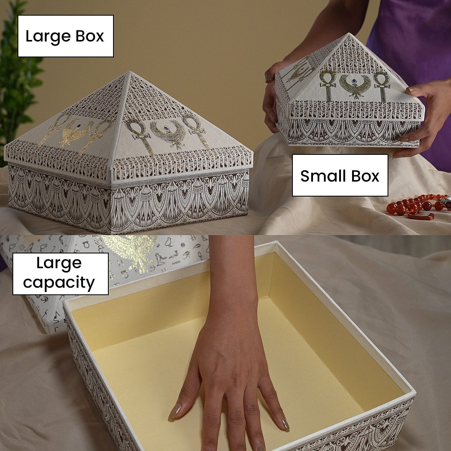 Set of 2 Handmade Paper and Handblock Printed Pyramid Shape Boxes - Egyptian Ankh