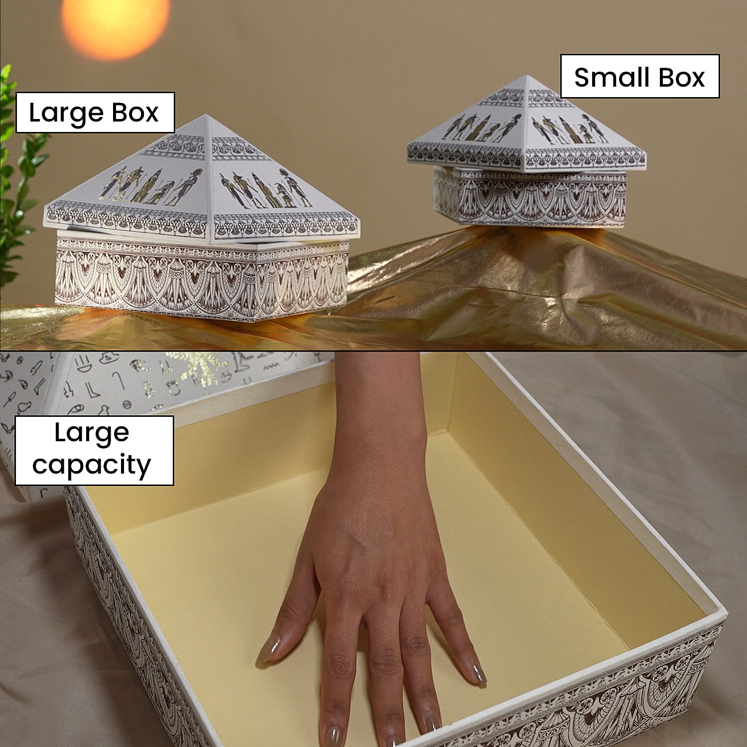 Set of 2 Handmade Paper and Handblock Printed Pyramid Shape Boxes - Egyptian Gods