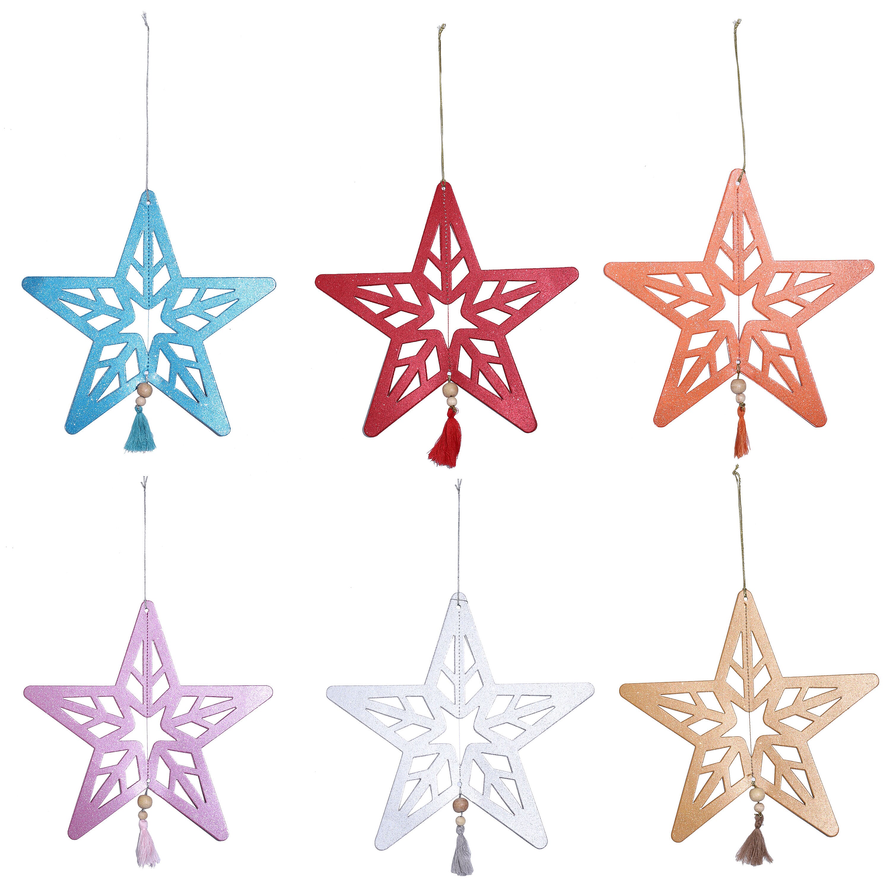 Decorative Set of 6 Glitter Printed 3D Star with Elaborate cut-out Hanging Graland Kit (Size 26x25 Cm)