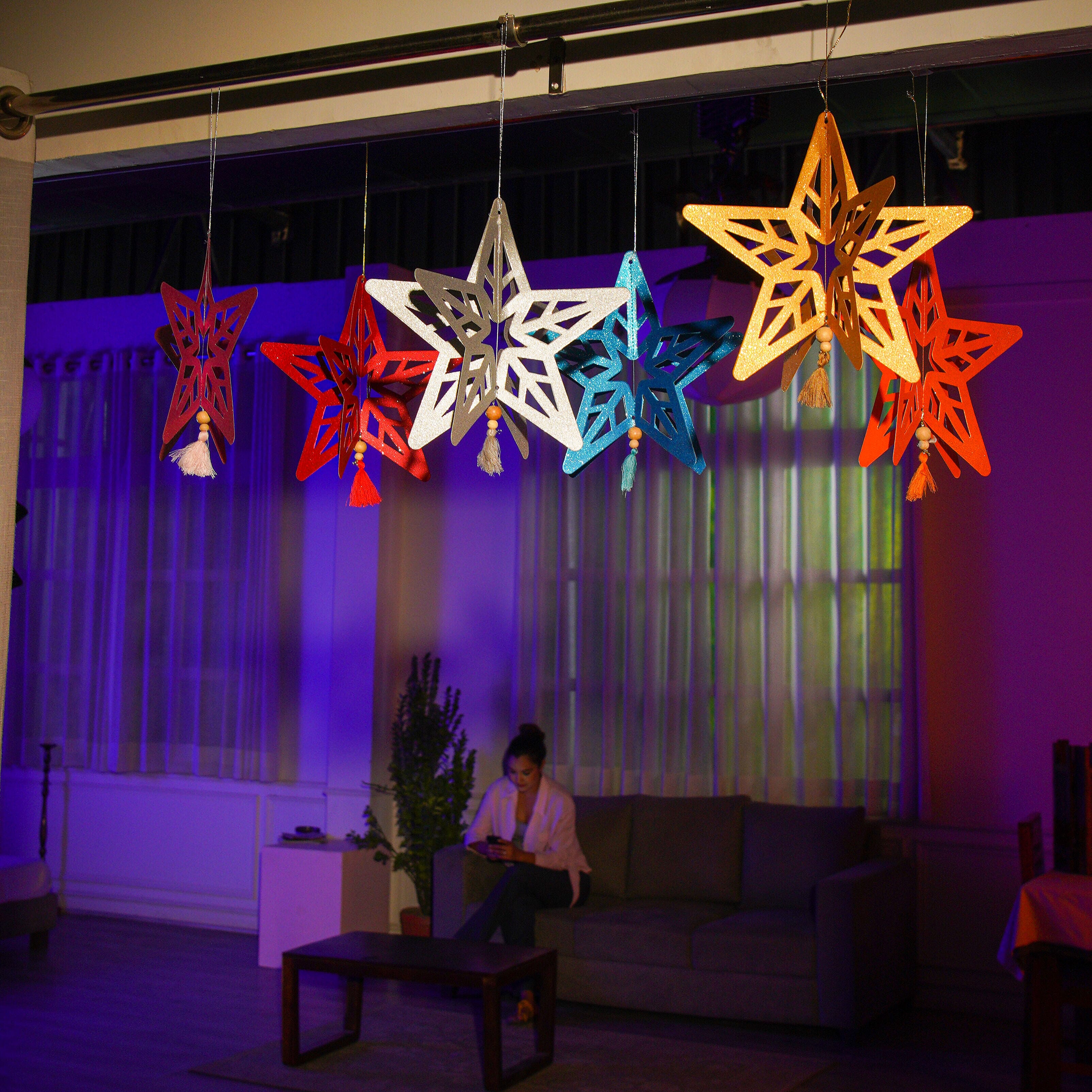 Decorative Set of 6 Glitter Printed 3D Star with Elaborate cut-out Hanging Graland Kit (Size 26x25 Cm)