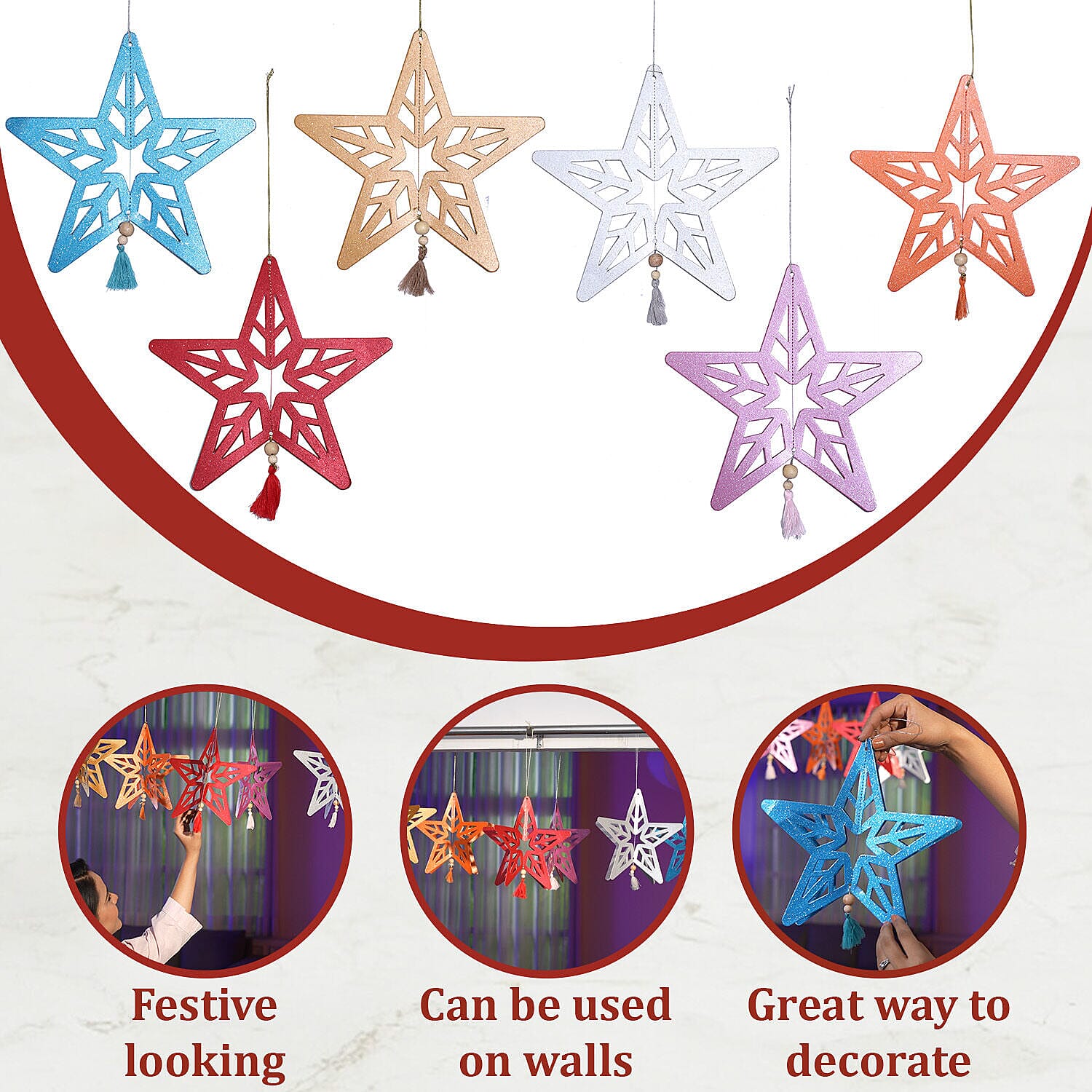 Decorative Set of 6 Glitter Printed 3D Star with Elaborate cut-out Hanging Graland Kit (Size 26x25 Cm)