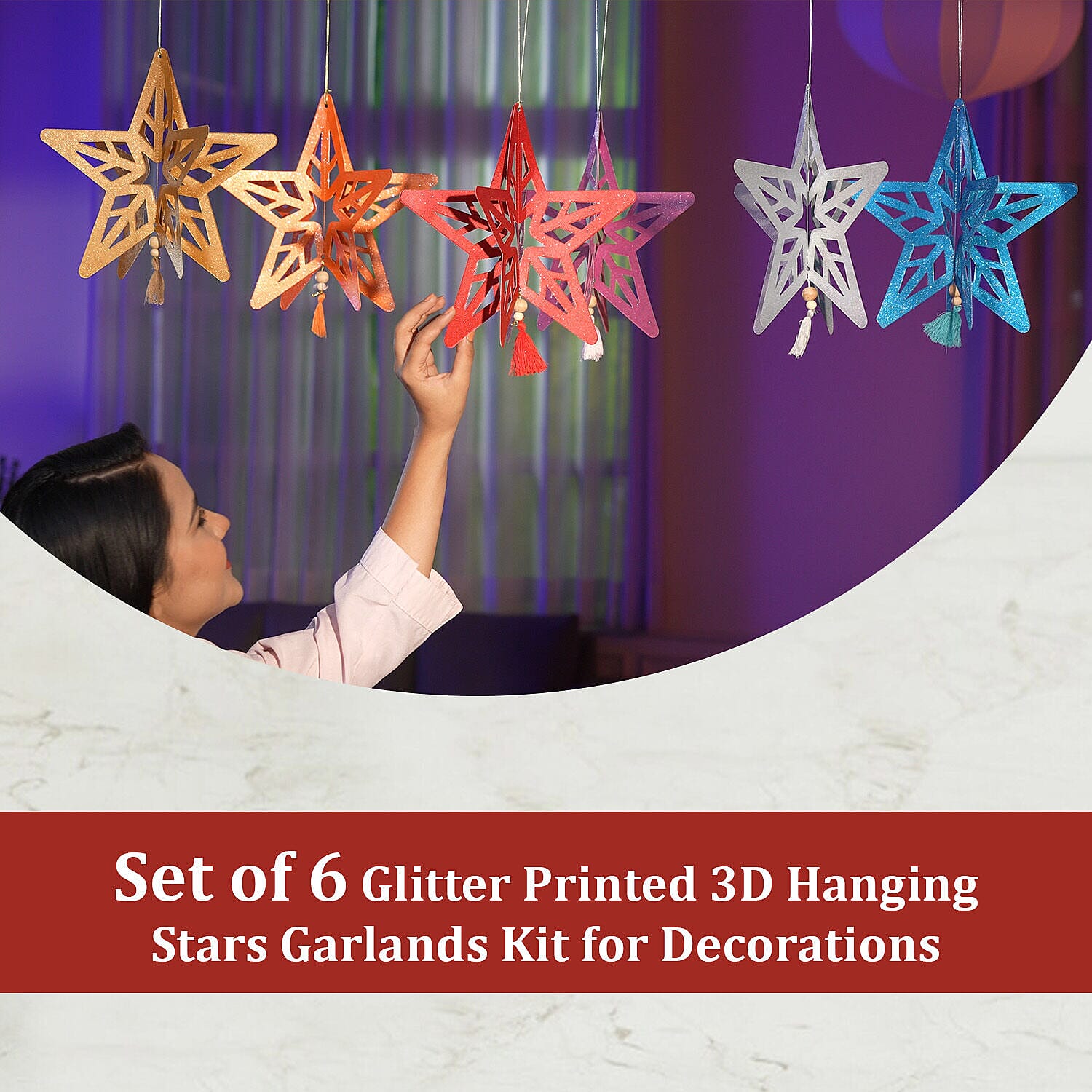 Decorative Set of 6 Glitter Printed 3D Star with Elaborate cut-out Hanging Graland Kit (Size 26x25 Cm)