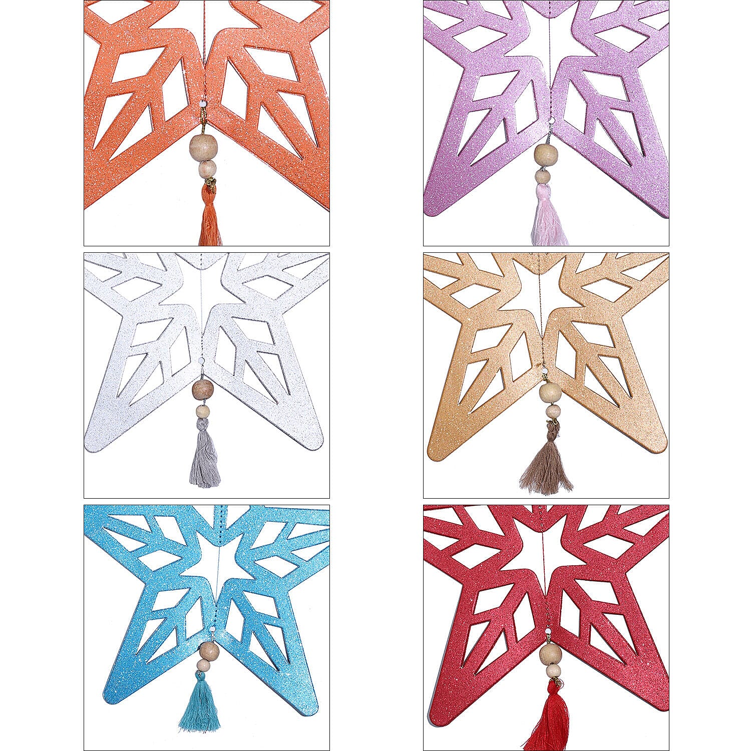 Decorative Set of 6 Glitter Printed 3D Star with Elaborate cut-out Hanging Graland Kit (Size 26x25 Cm)