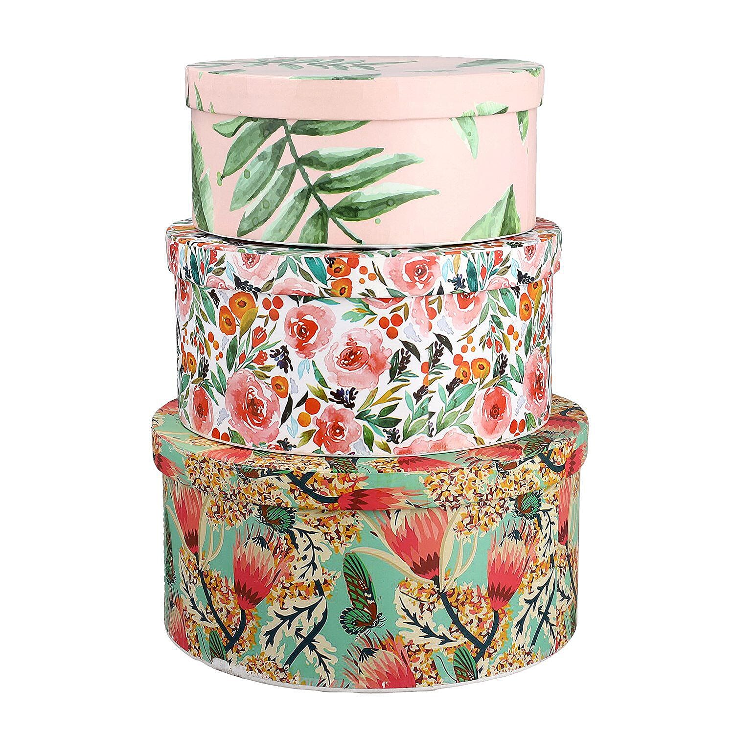 Set of 3 -  Printed Round Multipurpose Gift Box - Multi