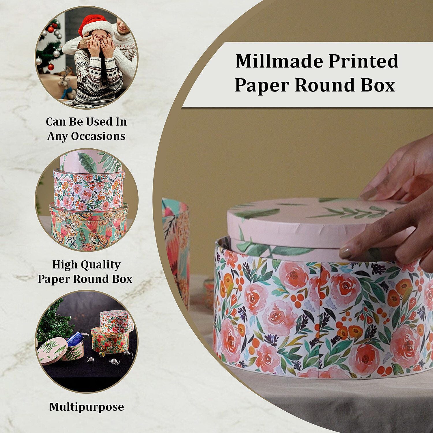 Set of 3 -  Printed Round Multipurpose Gift Box - Multi