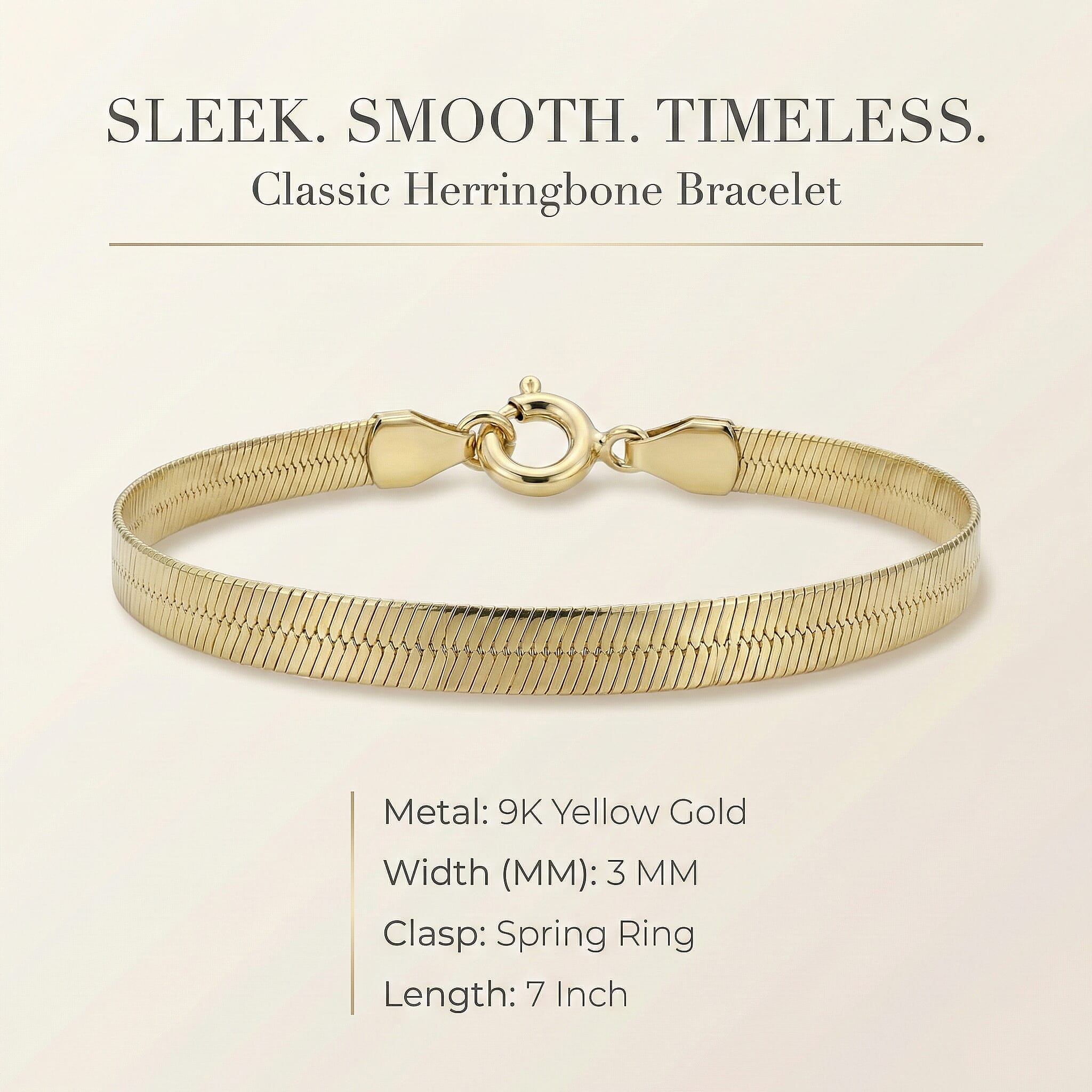 9K Yellow Gold 3mm Herringbone Bracelet 7 Inch