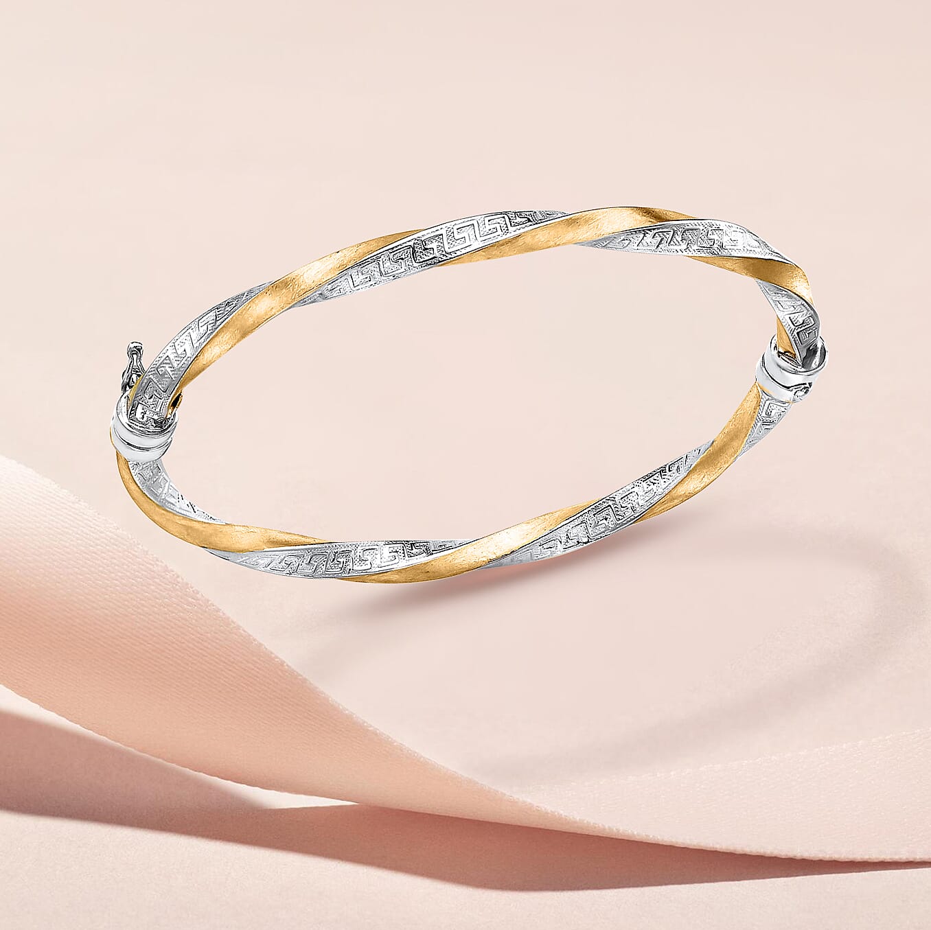 9K Two Colour Gold 4mm Greek Key Satin Twist Bangle