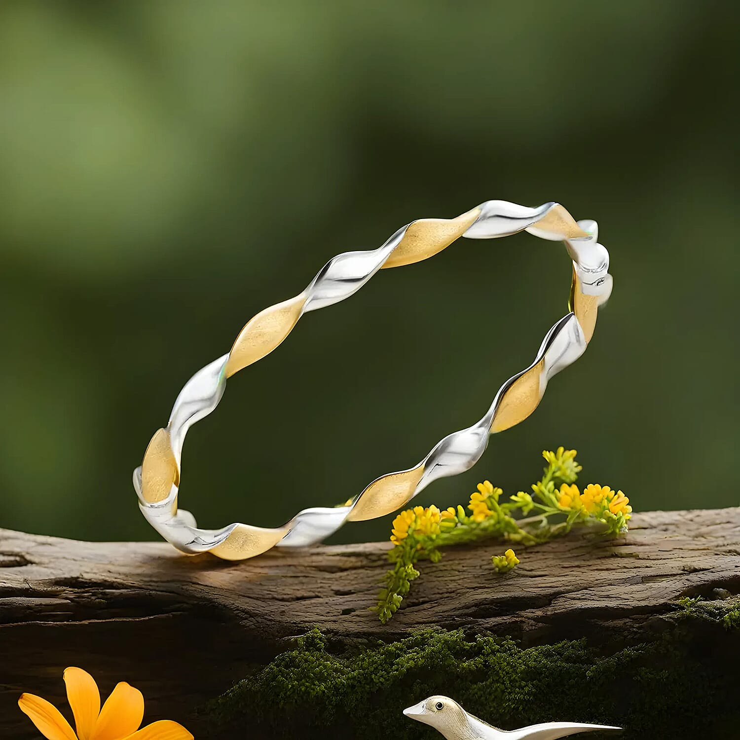 9K Two Colour Gold 5mm Polished And Satin Twist Bangle