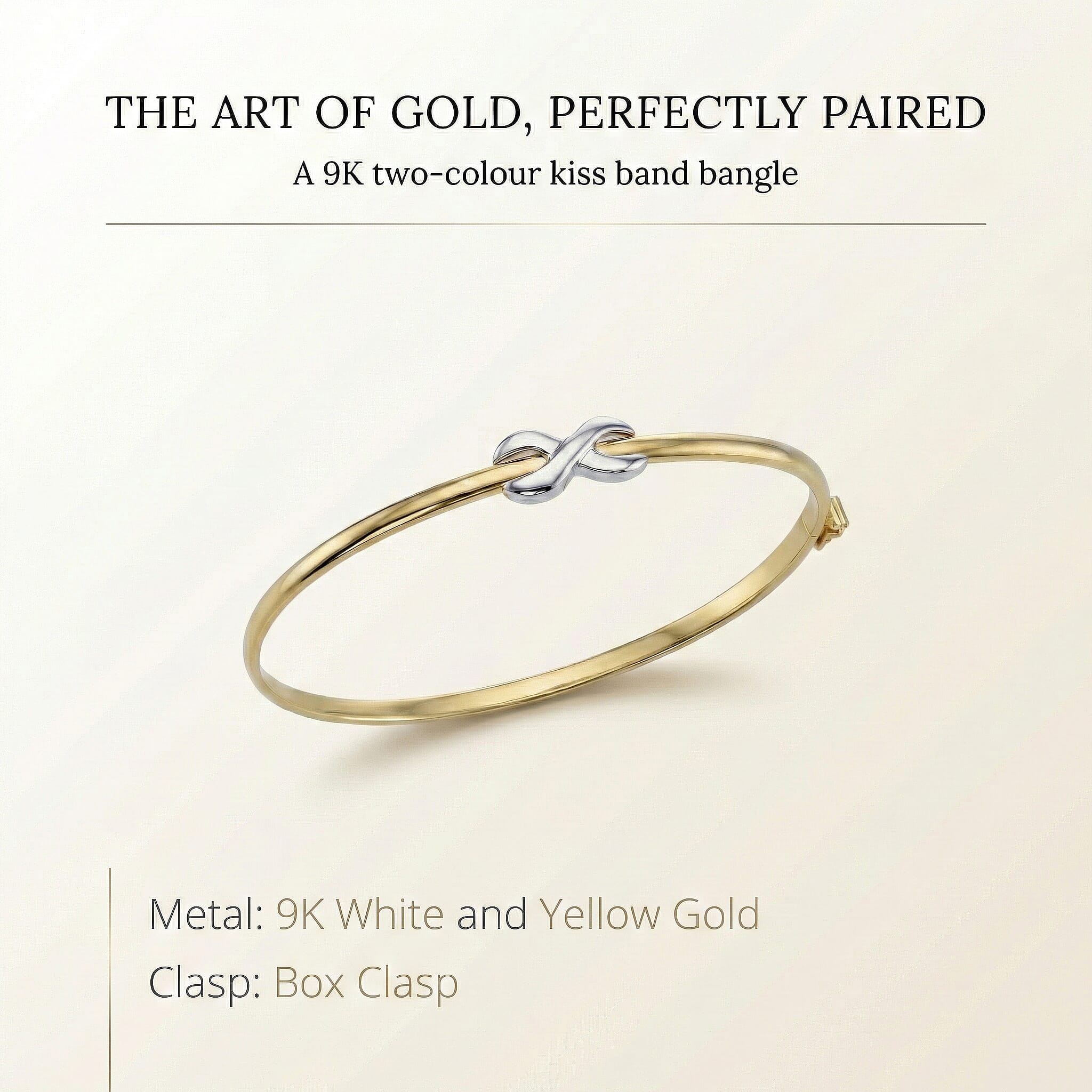 9K Two Colour Gold 7.5mm X 14mm Kiss Band Bangle