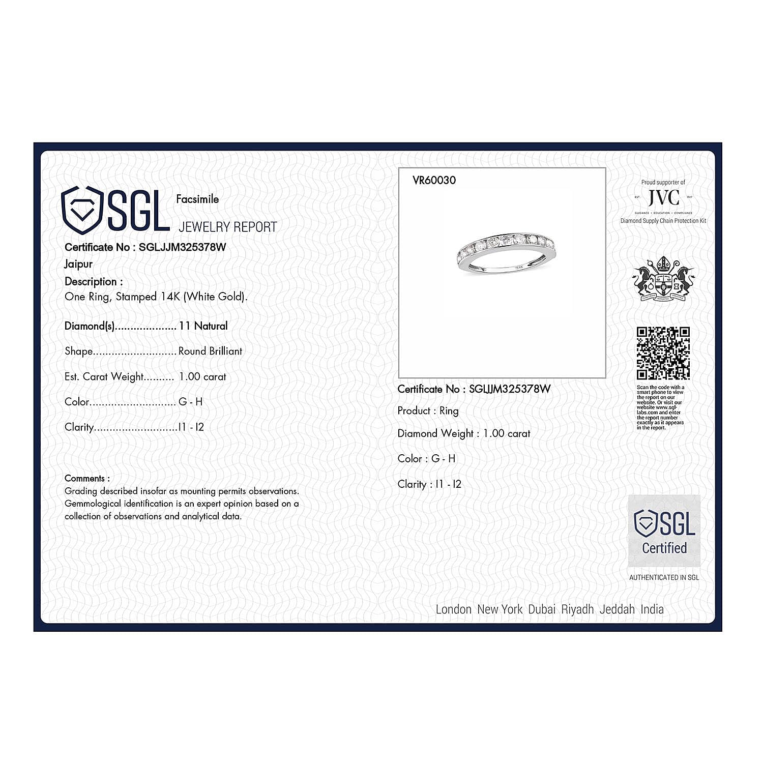 NY Close Out Deal - 14K White Gold SGL Certified Diamond (I1-I2-G-H) Half Eternity Ring 1.00 Ct.