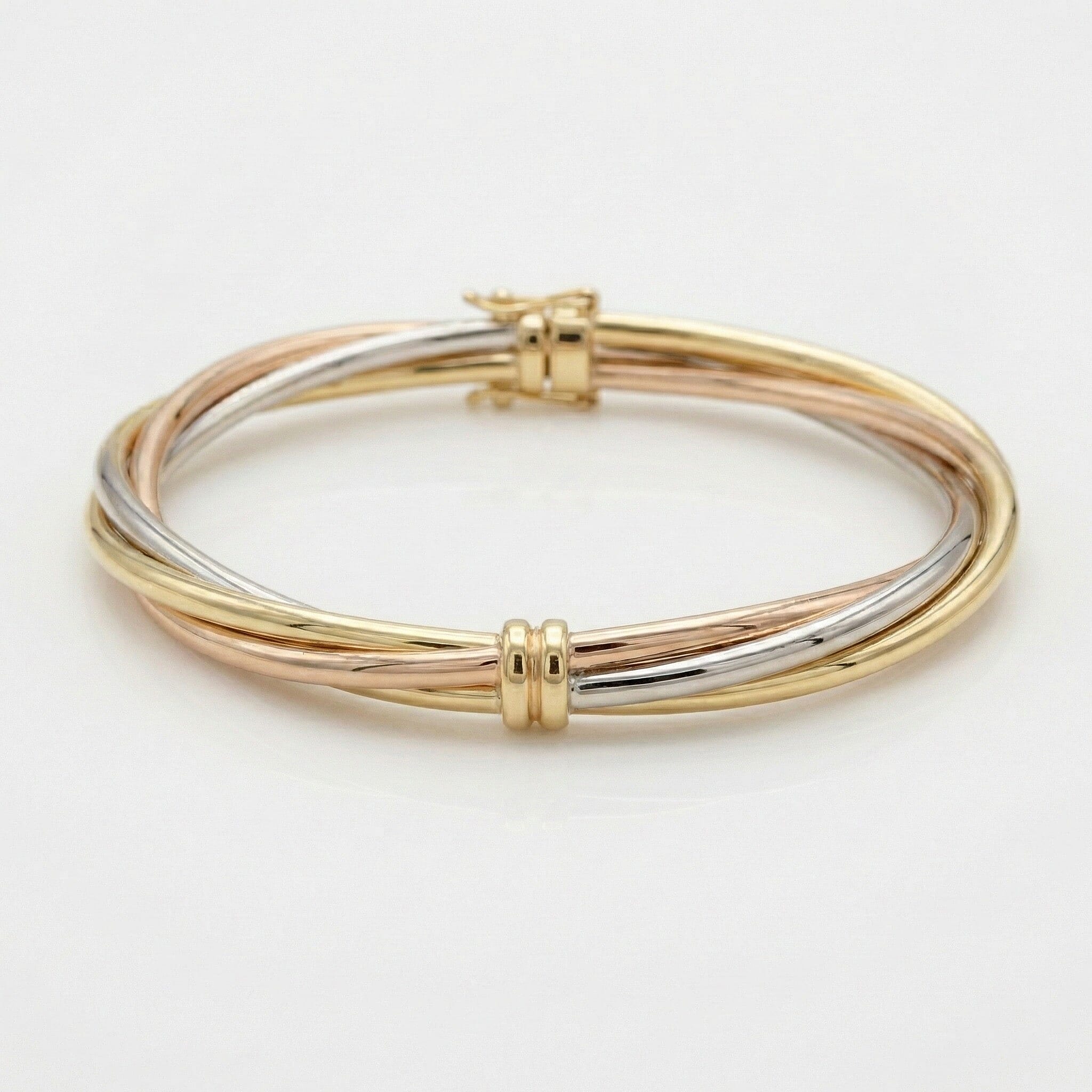 9K Three Colour Gold 4mm Twist Tube Bangle