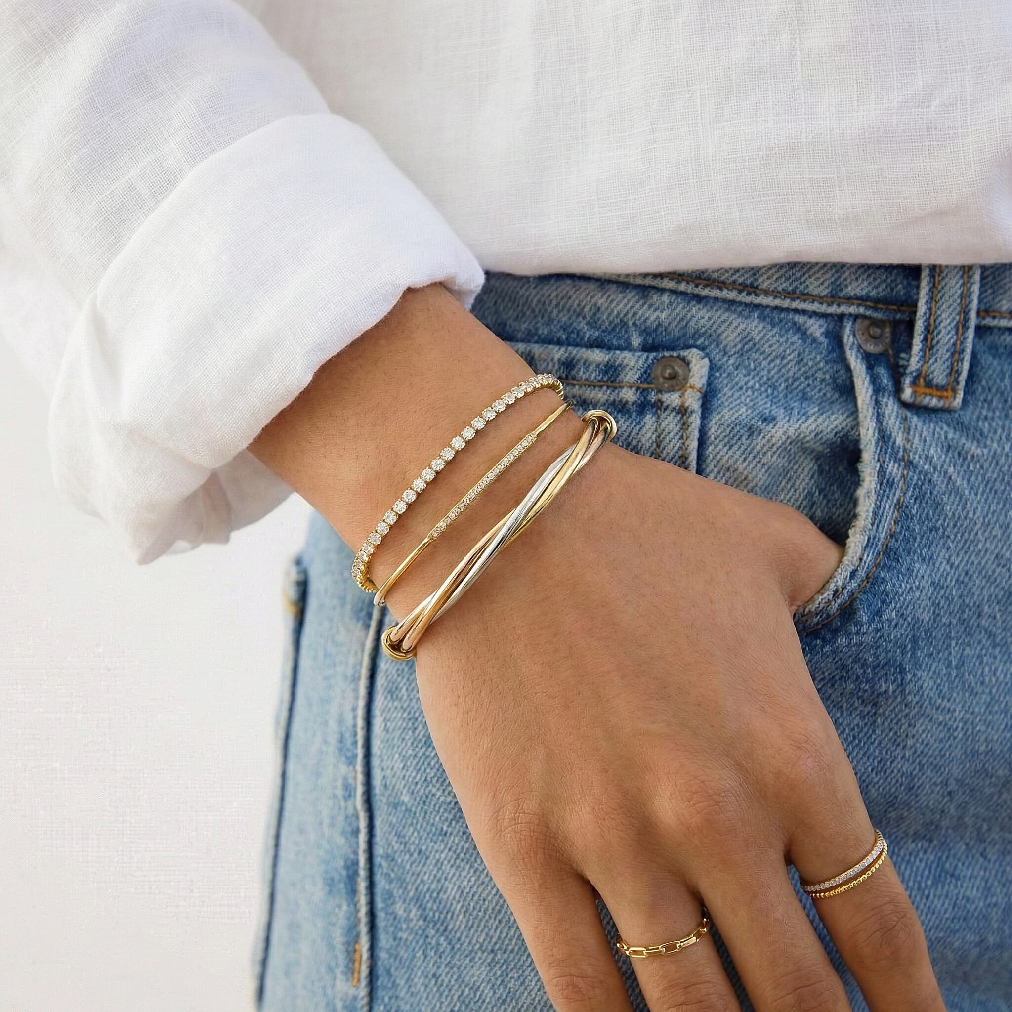 9K Three Colour Gold 4mm Twist Tube Bangle