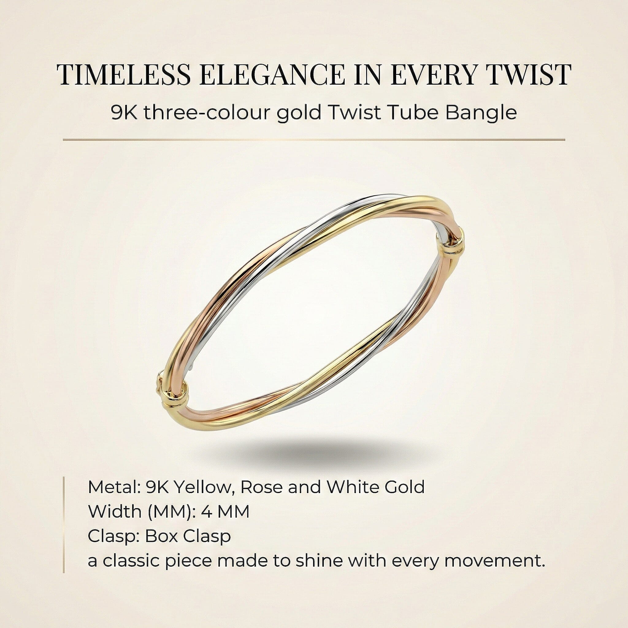 9K Three Colour Gold 4mm Twist Tube Bangle