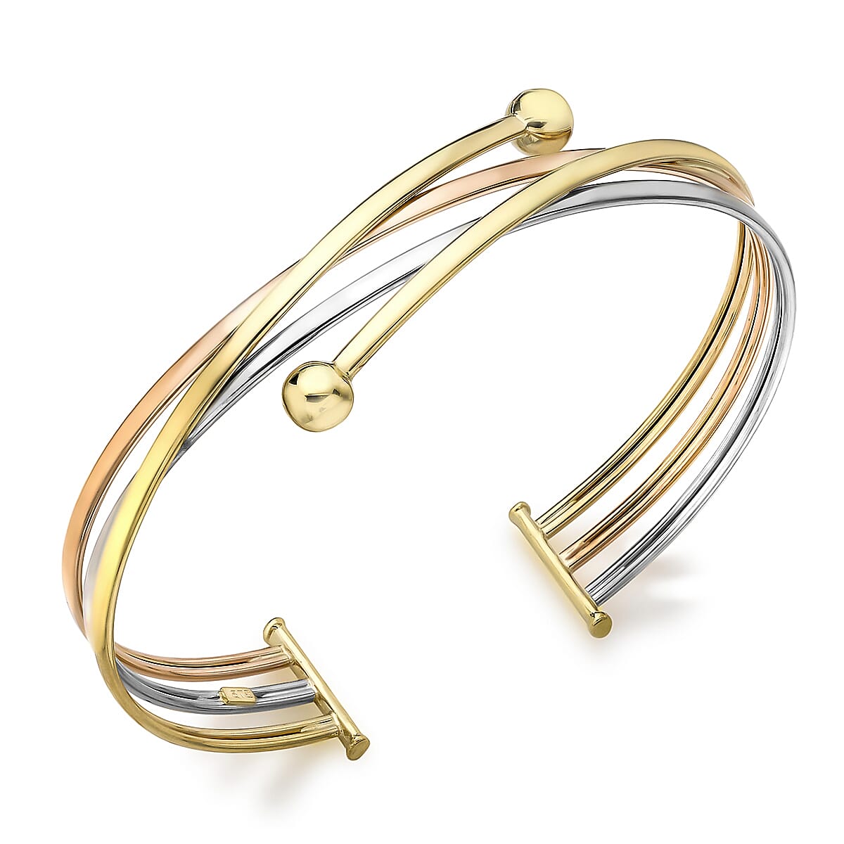 9K Three Colour Gold 8mm Crossover Ball Cuff Bangle