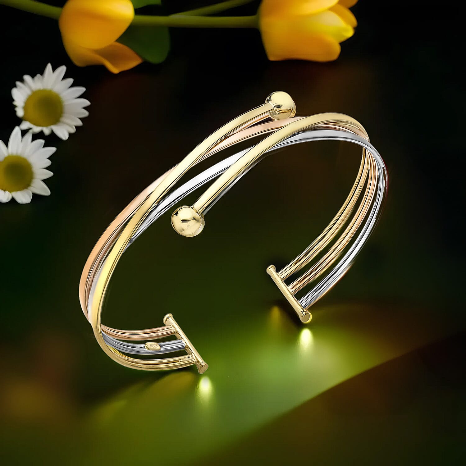 9K Three Colour Gold 8mm Crossover Ball Cuff Bangle