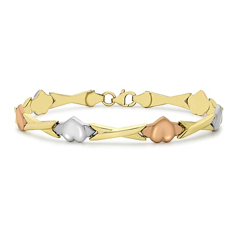 9K Three Colour Gold Heart And Kiss Link Bracelet 7.5 Inch