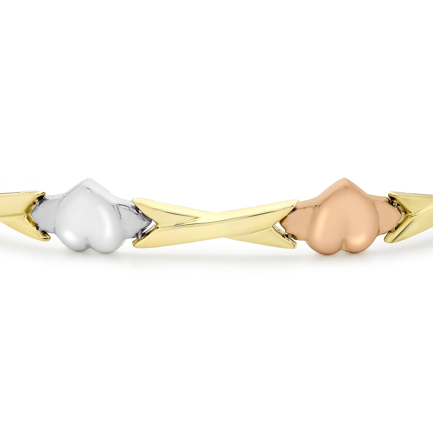 9K Three Colour Gold Heart And Kiss Link Bracelet 7.5 Inch