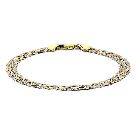 9K Three Colour Gold 6 Plait Textured Herringbone Bracelet 7 Inch