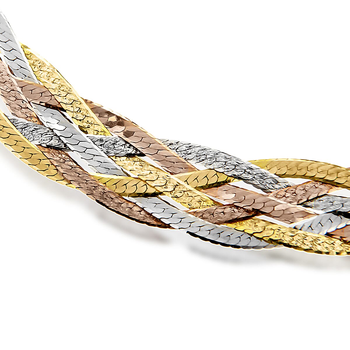 9K Three Colour Gold 6 Plait Textured Herringbone Bracelet 7 Inch