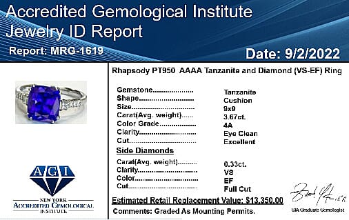 RHAPSODY 950 Platinum AGI Certified & Appraised AAAA Tanzanite and Diamond (VS-EF) Ring 3.57 Ct, Platinum Wt. 4.02 Gms