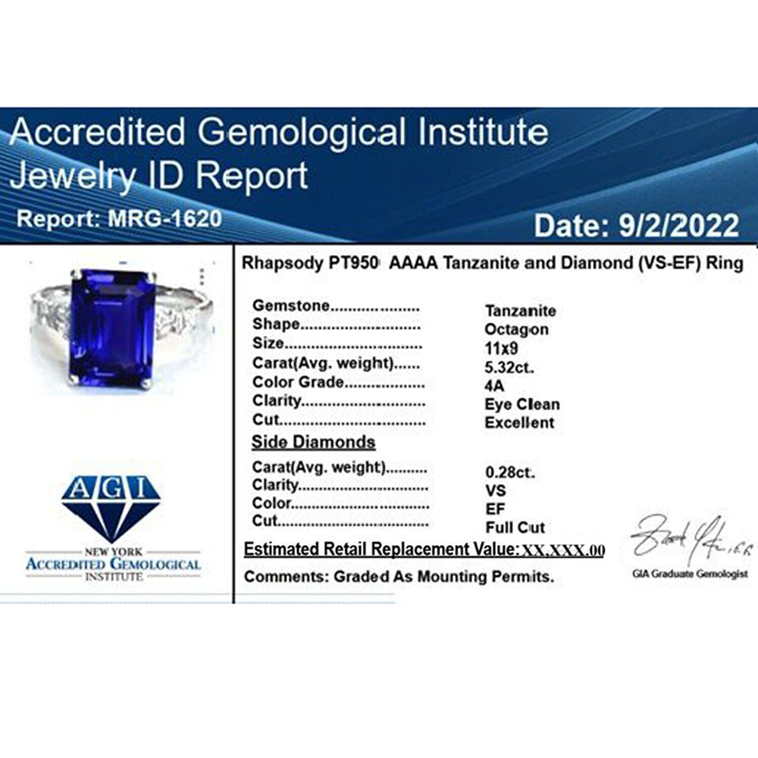 RHAPSODY 950 Platinum AGI Certified & Appraised AAAA Tanzanite and Diamond (VS-E-F) Ring 5.60 Ct, Platinum Wt. 5.13 Gms.SIZE N