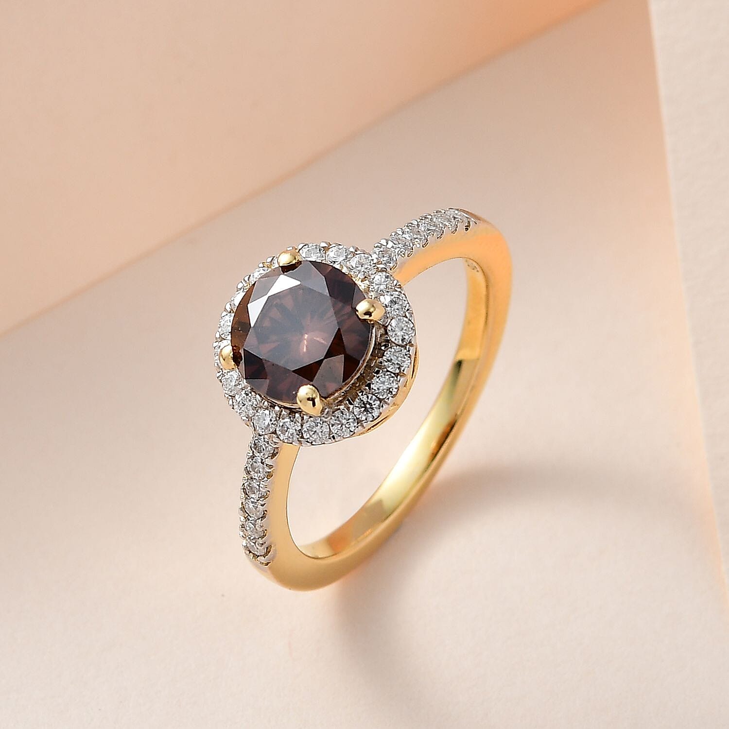 Champagne Moissanite and Moissanite Ring in 18K Vermeil Yellow Gold Plated Sterling Silver 1.42 Ct.