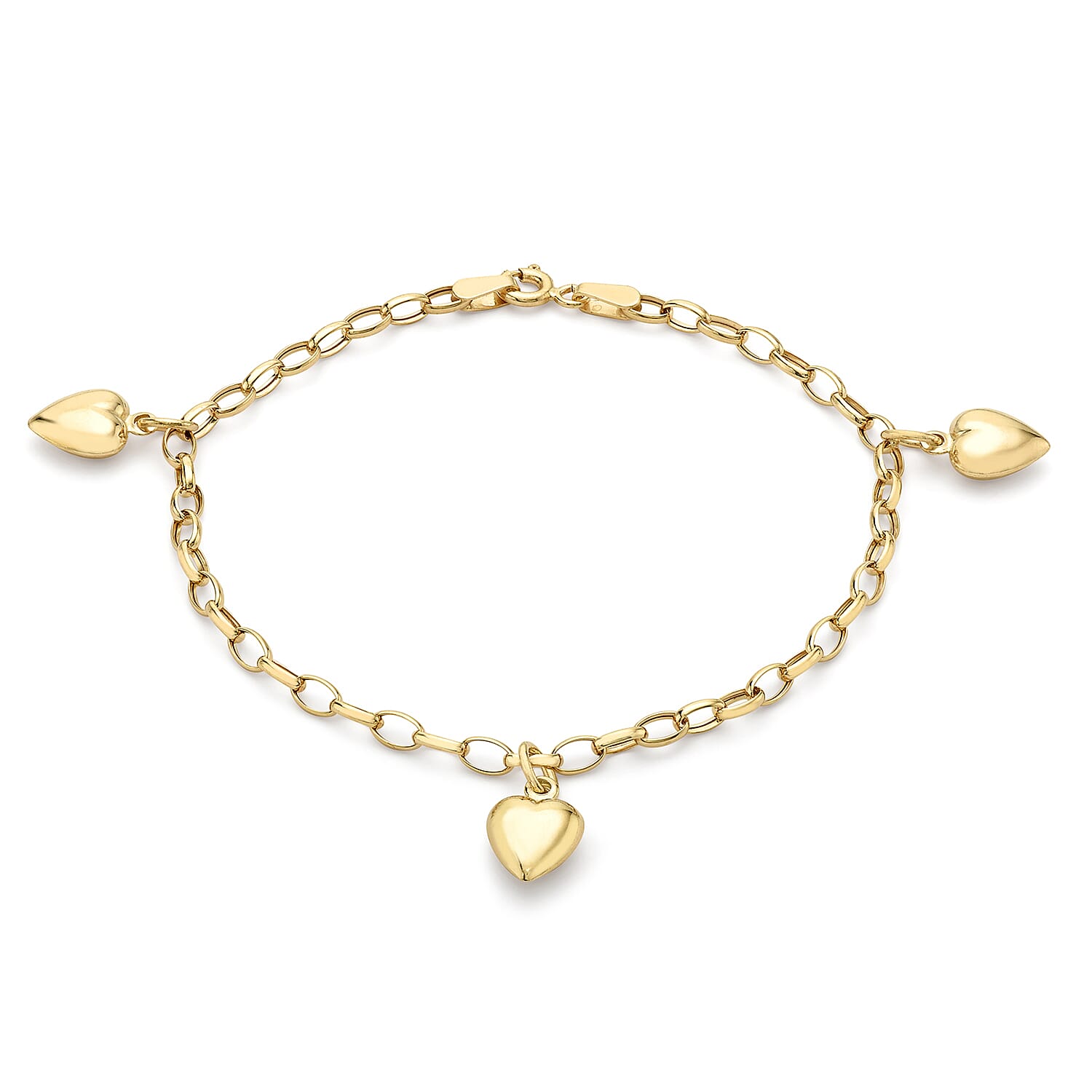 9K Yellow Gold 3 Heart Oval Belcher Chain Bracelet 7 Inch