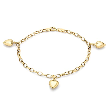 9K Yellow Gold 3 Heart Oval Belcher Chain Bracelet 7 Inch