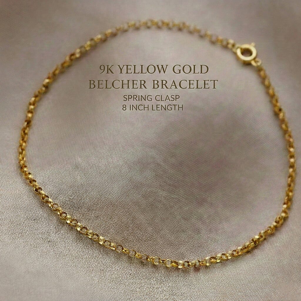 9K Yellow Gold Round Belcher Bracelet (Size 8) with Spring Ring Clasp
