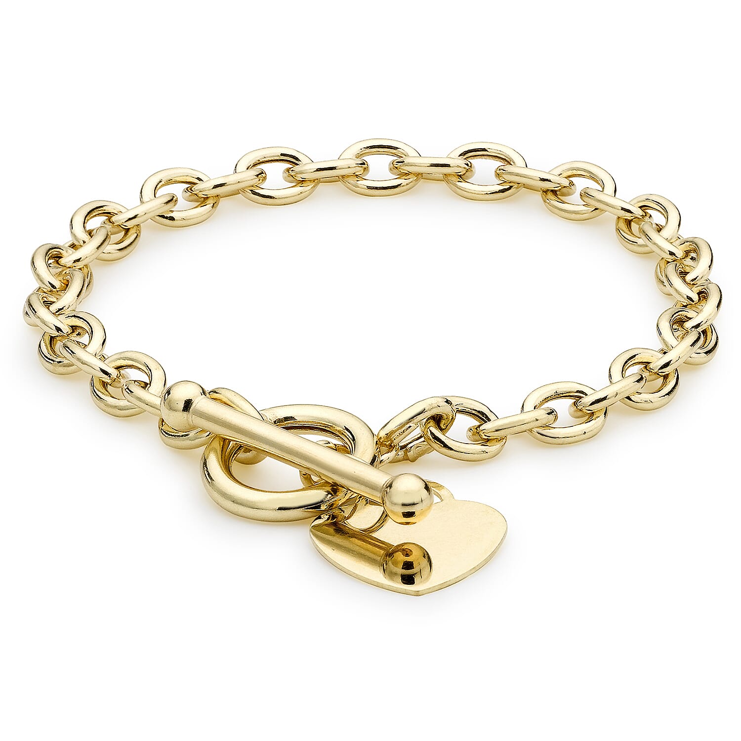 9K Yellow Gold Oval Belcher Heart Tag T Bar Bracelet 7 Inch