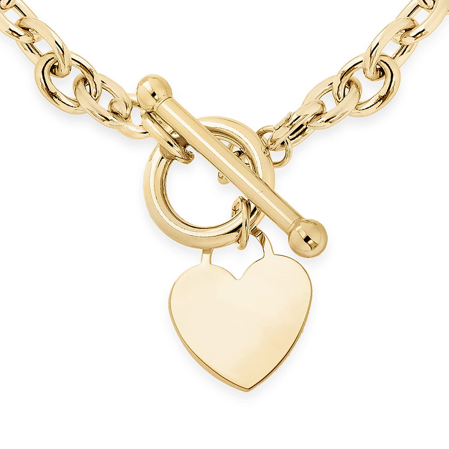 9K Yellow Gold Oval Belcher Heart Tag T Bar Bracelet 7 Inch