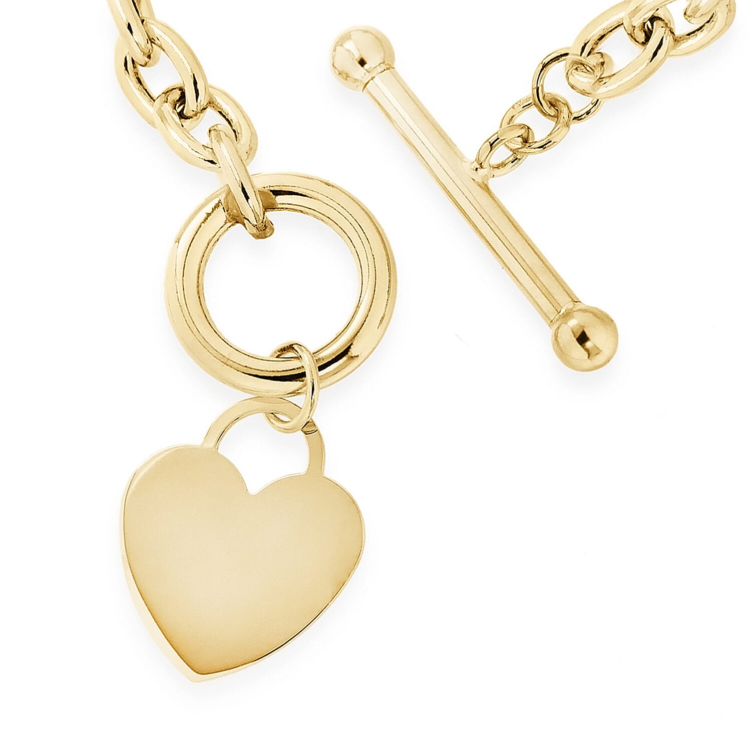 9K Yellow Gold Oval Belcher Heart Tag T Bar Bracelet 7 Inch