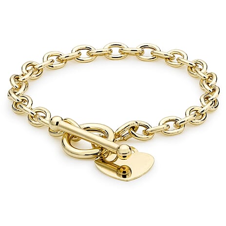 9K Yellow Gold Oval Belcher Heart Tag T Bar Bracelet 7.5 Inch