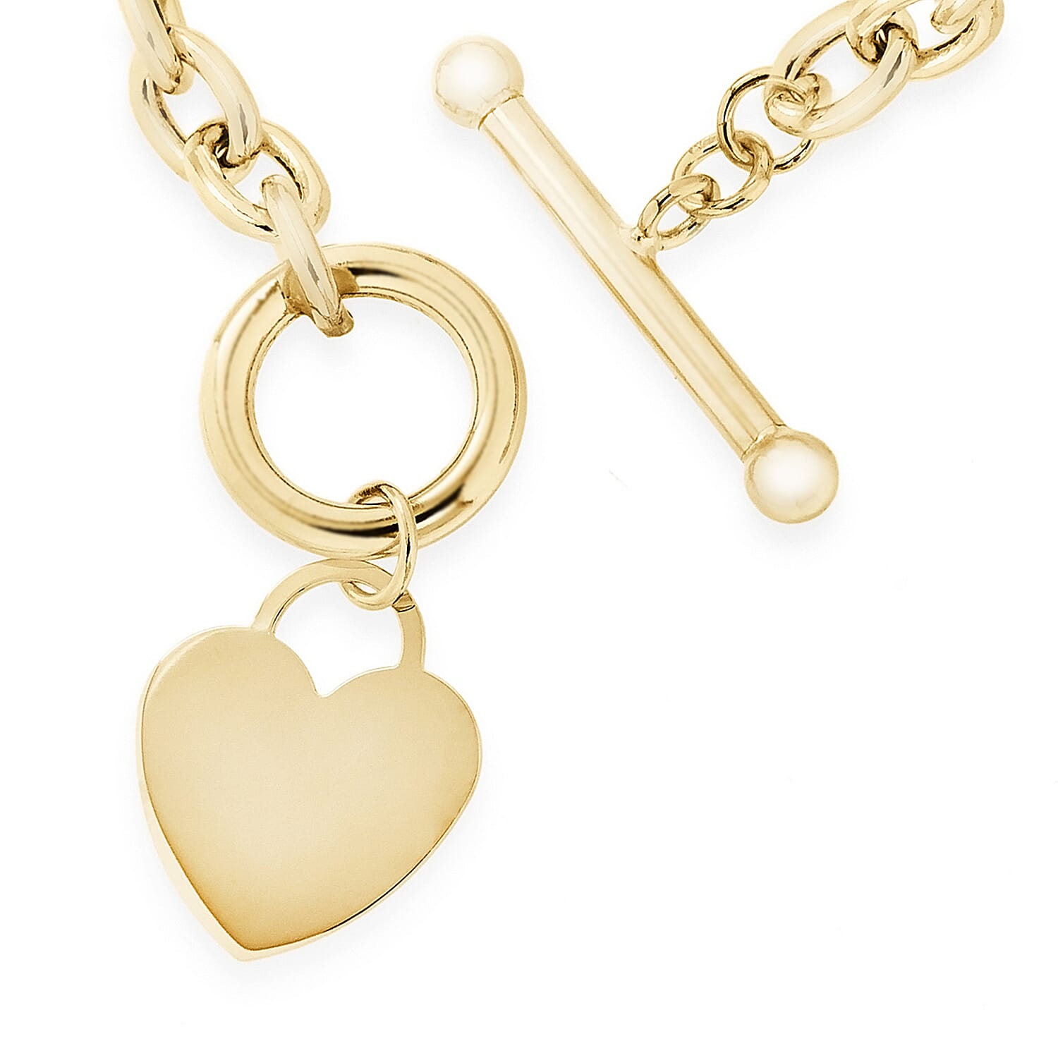 9K Yellow Gold Oval Belcher Heart Tag T Bar Bracelet 7.5 Inch