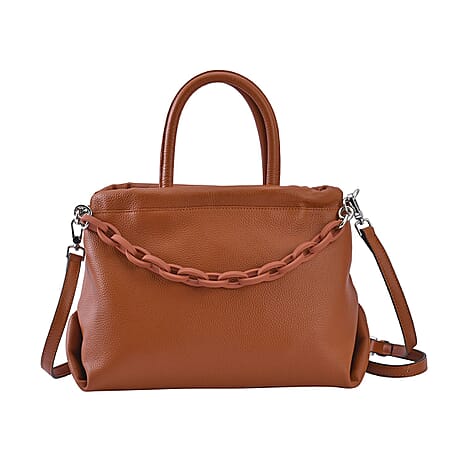 Genuine Leather Crossbody Bag with Chain - Tan