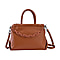Genuine Leather Crossbody Bag with Chain - Tan