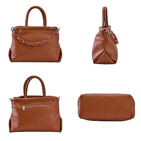 Genuine Leather Crossbody Bag with Chain - Tan