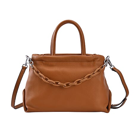 Genuine Leather Crossbody Bag with Chain - Apricot