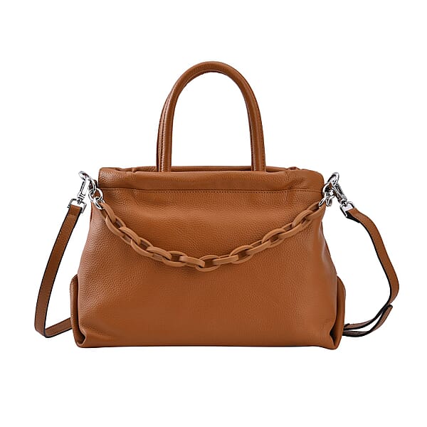 Genuine Leather Crossbody Bag with Chain Apricot 7193401 TJC