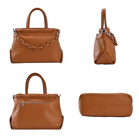 Genuine Leather Crossbody Bag with Chain - Apricot