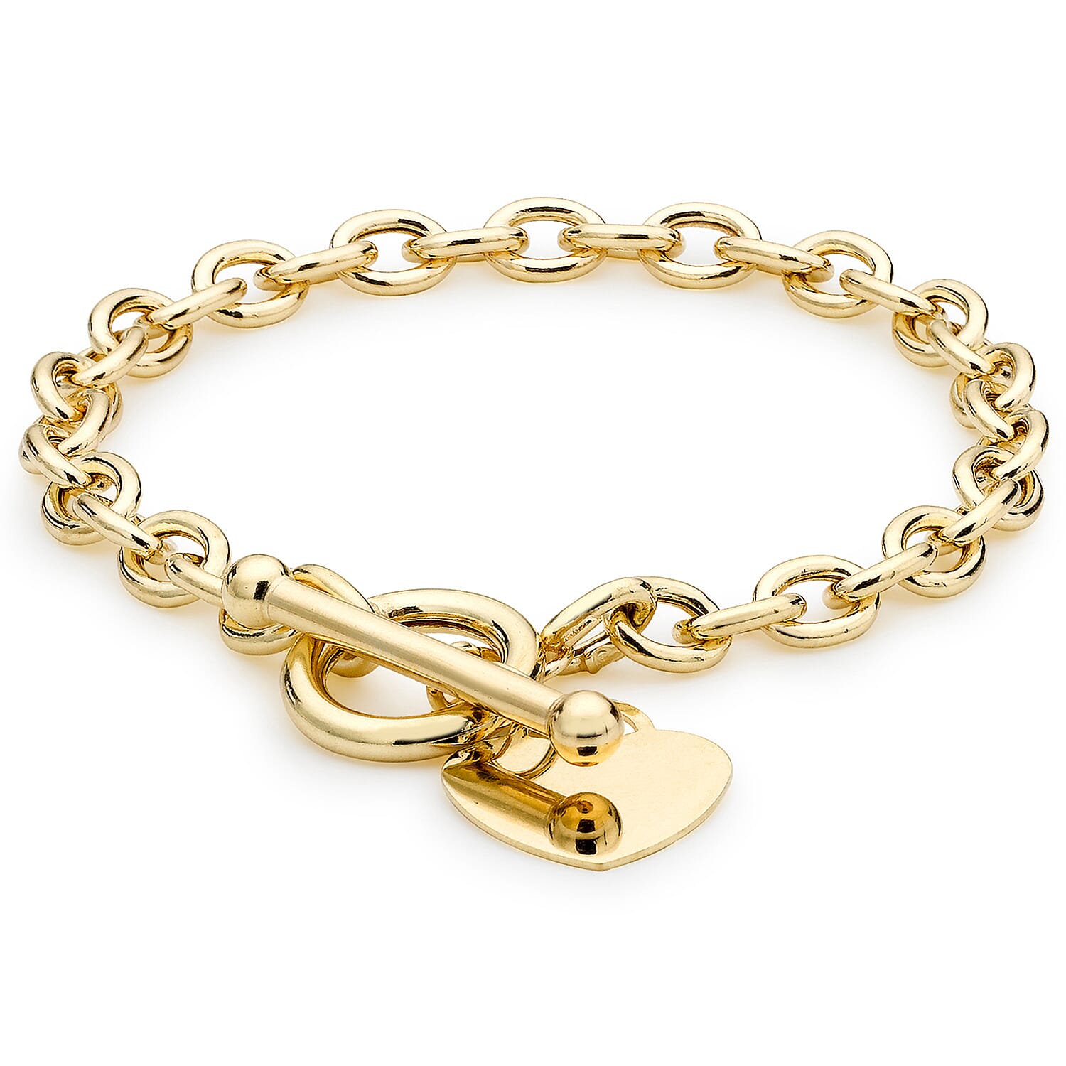 9K Yellow Gold Oval Belcher Heart Tag T Bar Bracelet 8 Inch