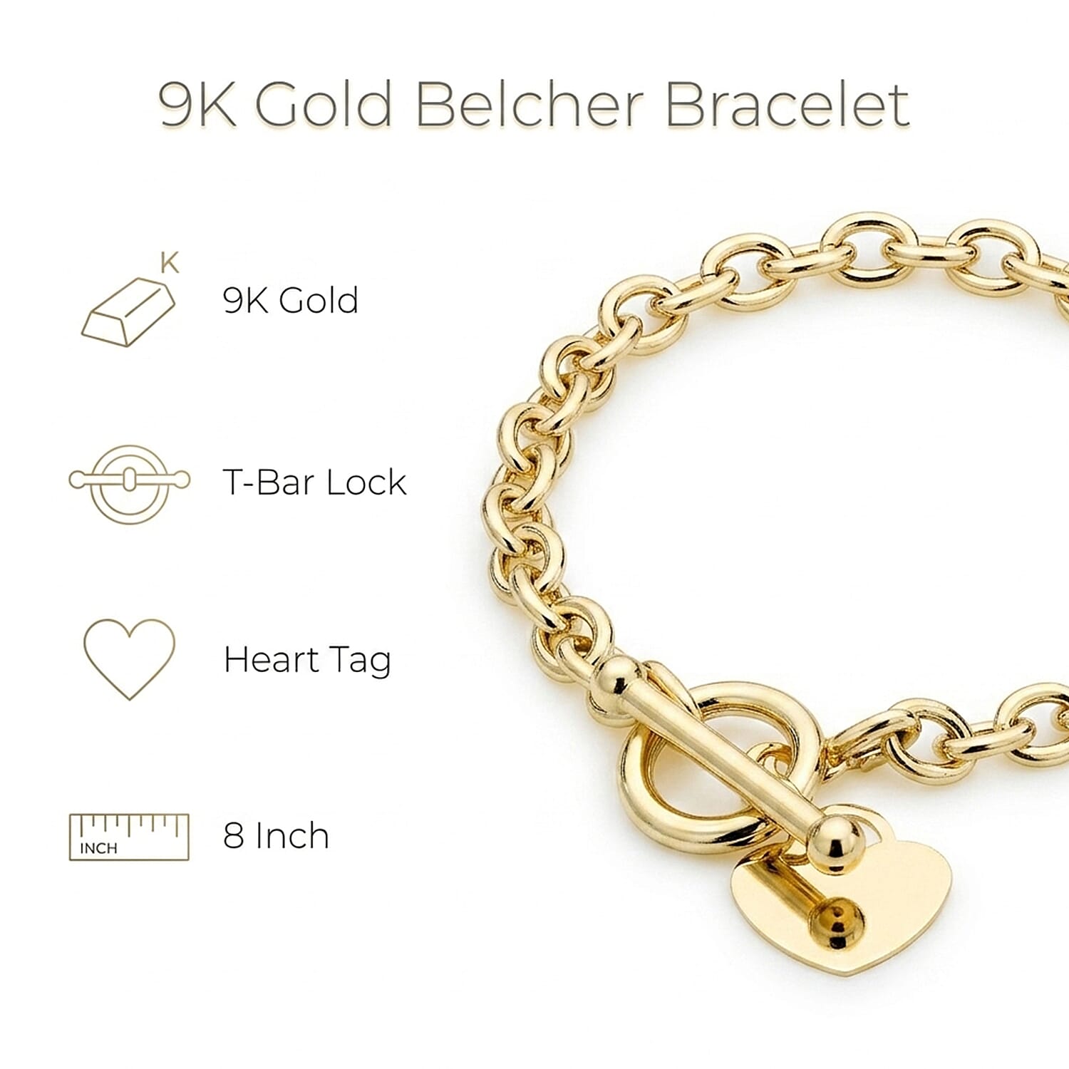9K Yellow Gold Oval Belcher Heart Tag T Bar Bracelet 8 Inch