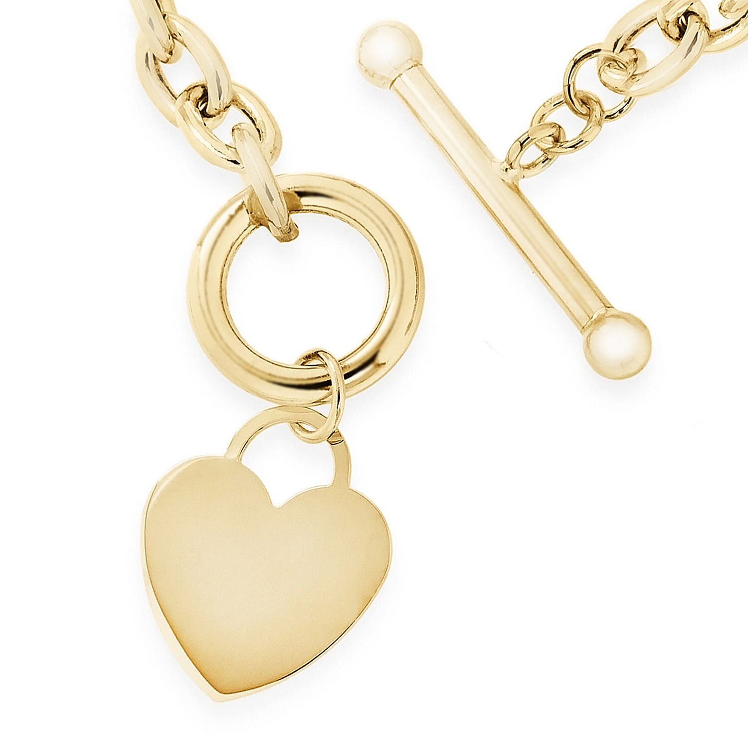 9K Yellow Gold Oval Belcher Heart Tag T Bar Bracelet 8 Inch