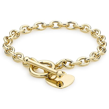 9K Yellow Gold Oval Belcher Heart Tag T Bar Bracelet 8 Inch