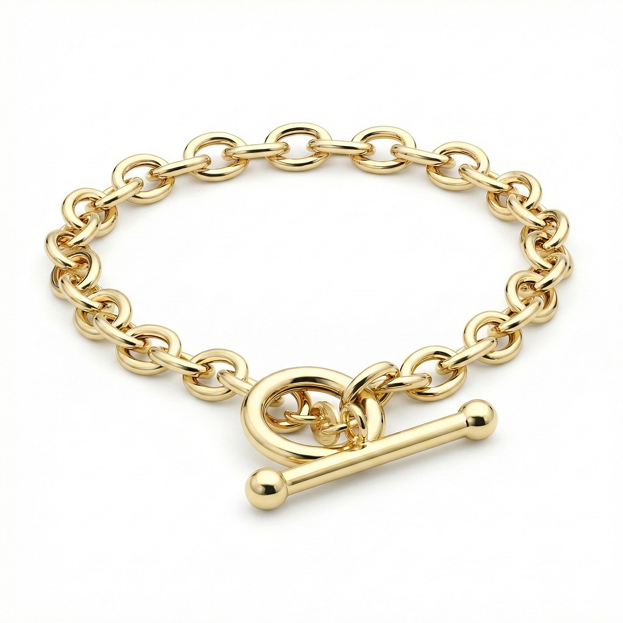 9K Yellow Gold 6mm Oval Link T Bar Belcher Bracelet 7 Inch