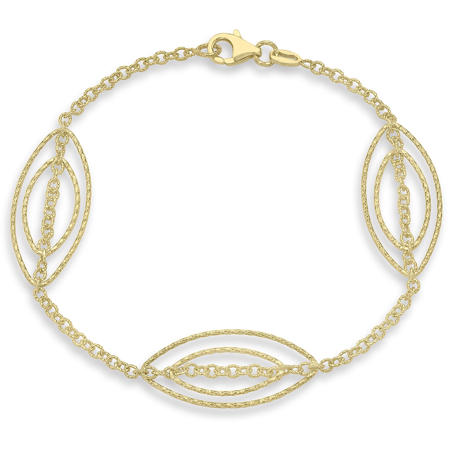 9K Yellow Gold Triple Double Diamond Cut Elliptic Link Bracelet 7.5 Inch