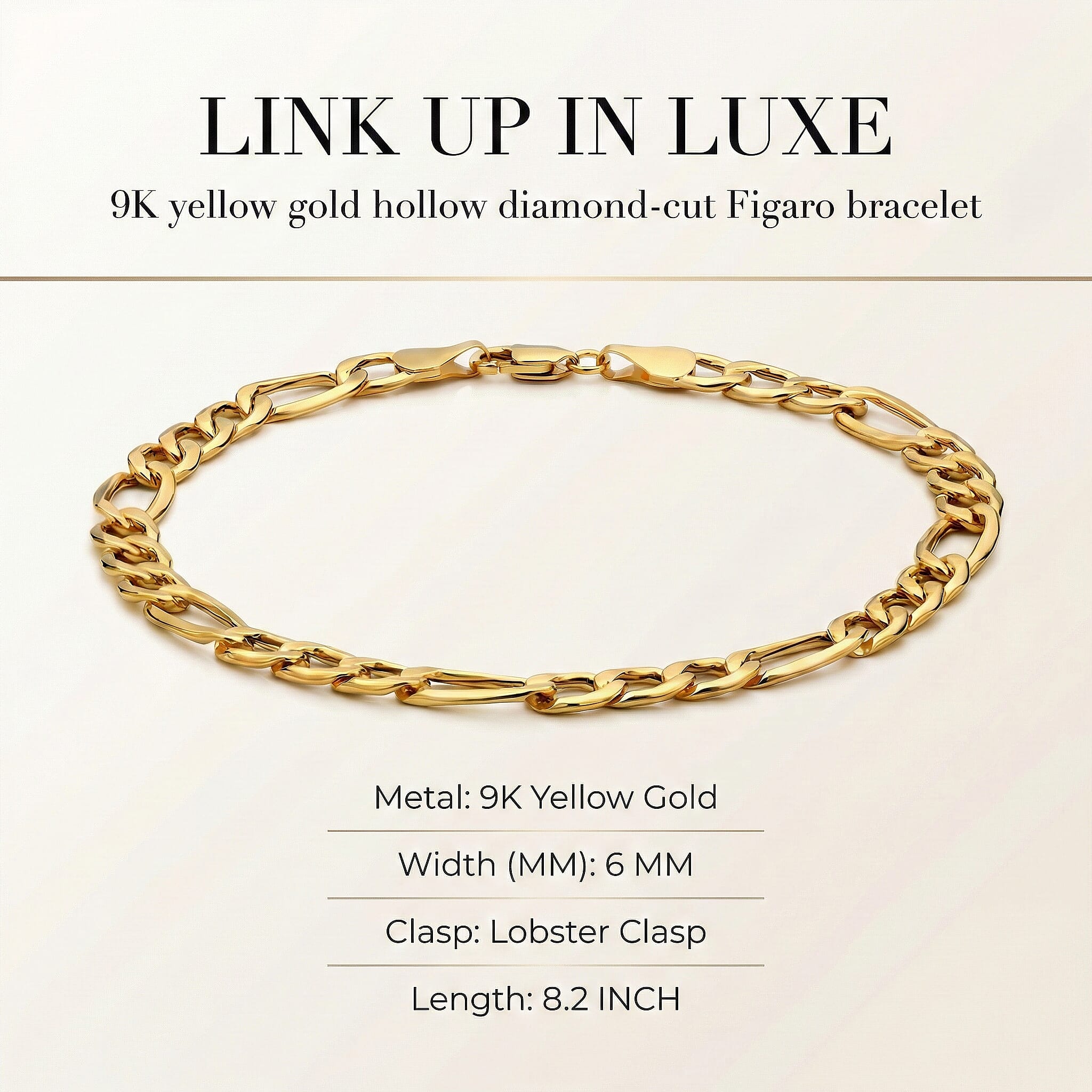 9K Yellow Gold 6mm Hollow Diamond Cut Figaro Bracelet 8.2 Inch