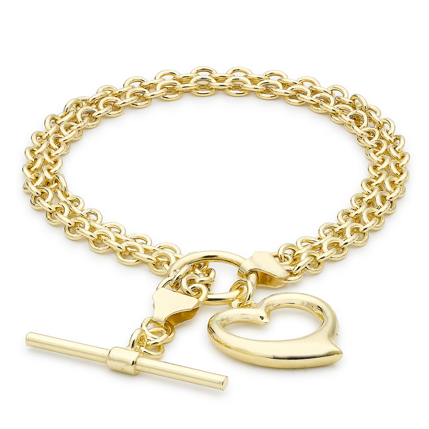 9K Yellow Gold 16.5mm X 18mm Heart 2 Strand Belcher Chain T Bar Bracelet 7.5 Inch