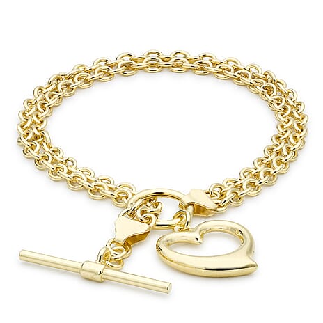 9K Yellow Gold 16.5mm X 18mm Heart 2 Strand Belcher Chain T Bar Bracelet 7.5 Inch